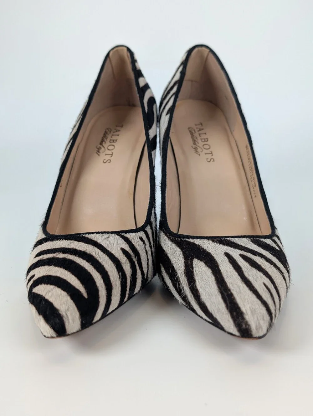 Talbots Zebra Leather Pointy Toe Pump Heels Brown Black White Cream Size 6.5
